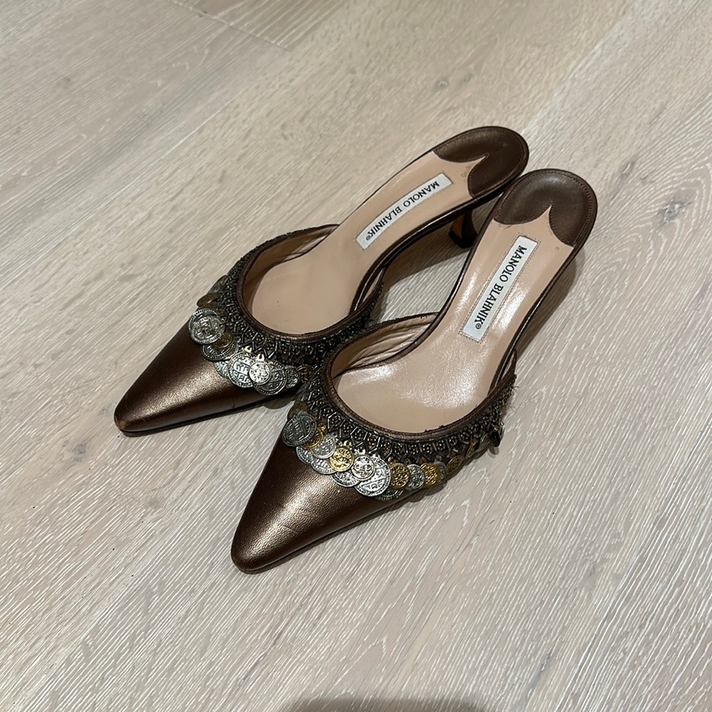 Manolo Blahnik embellished kitten mules